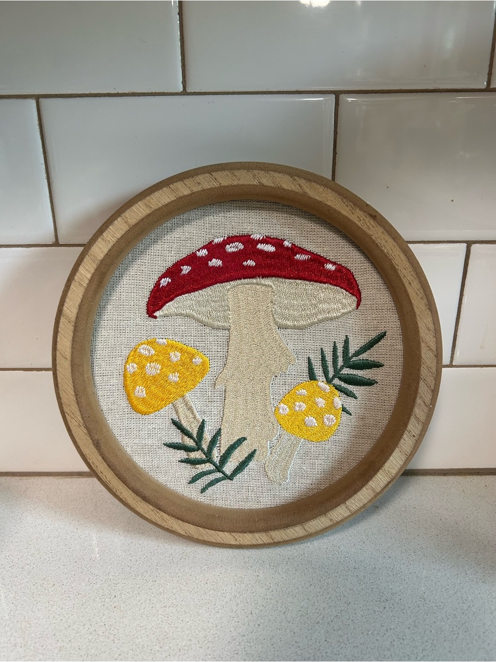 Handmade Embroidered Mushroom Hoop Art - Red & Yellow